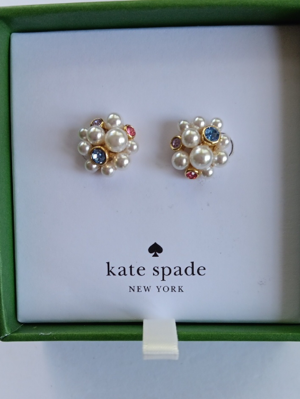 Kate Spade Pearl Caviar Cluster Stud Earrings/Multi-color Crystals NIB+ Dust Bag